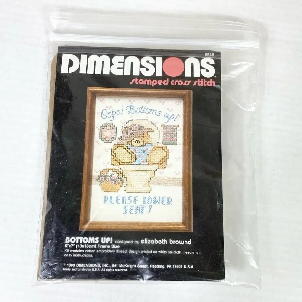 Vintage 1989 Dimensions Bottoms Up! Teddy Bear Toilet Stamped Crossstitch Kit